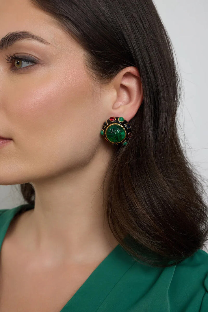 Kenneth Jay Lane Multi Gem Buttons Clip Earrings