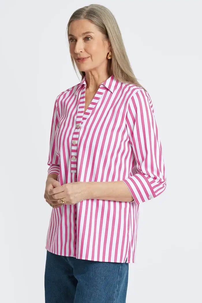 Foxcroft Pamela Essential Stretch Shirt in Ruby Pink and White