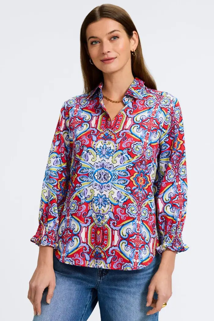 Foxcroft Olivia Mediterranean Tiles 3/4 Sleeve Shirt