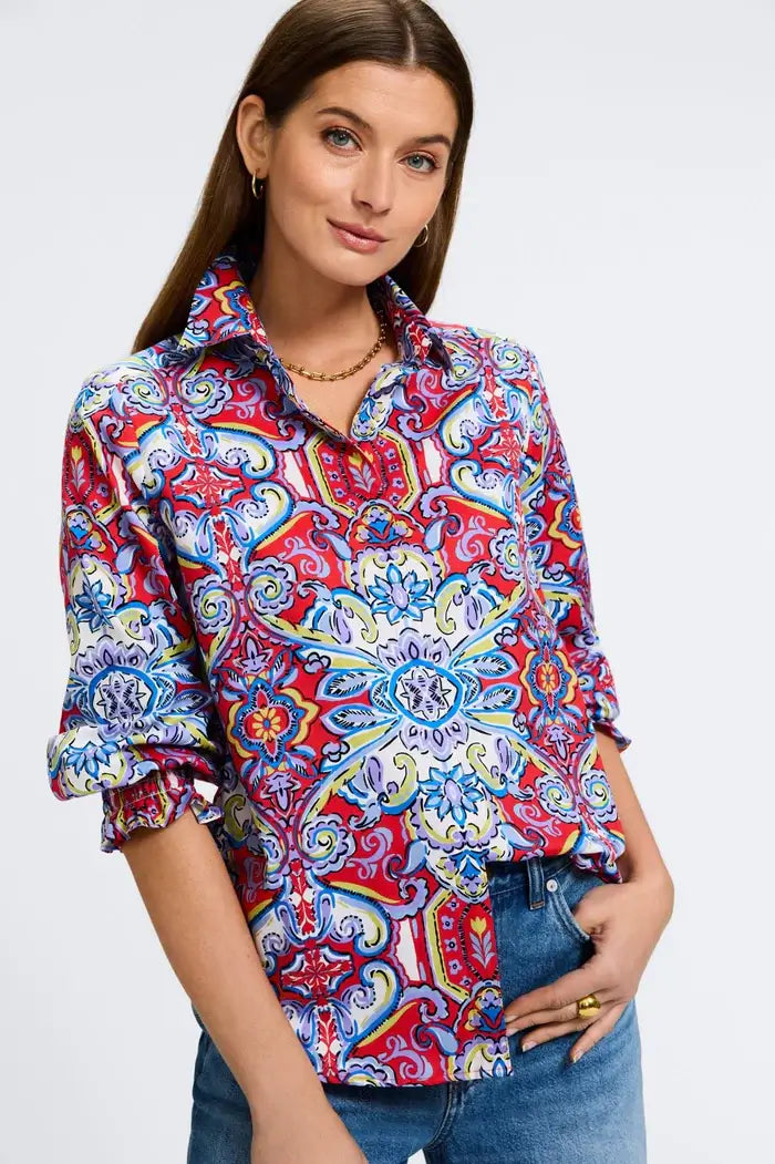 Foxcroft Olivia Mediterranean Tiles 3/4 Sleeve Shirt