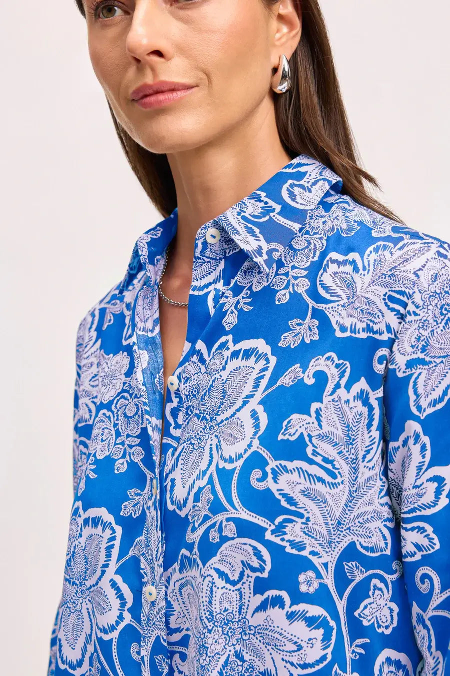 Foxcroft Megan Woodblock Floral Long Sleeve Shirt in Cobalt and White - Mildred Hoit