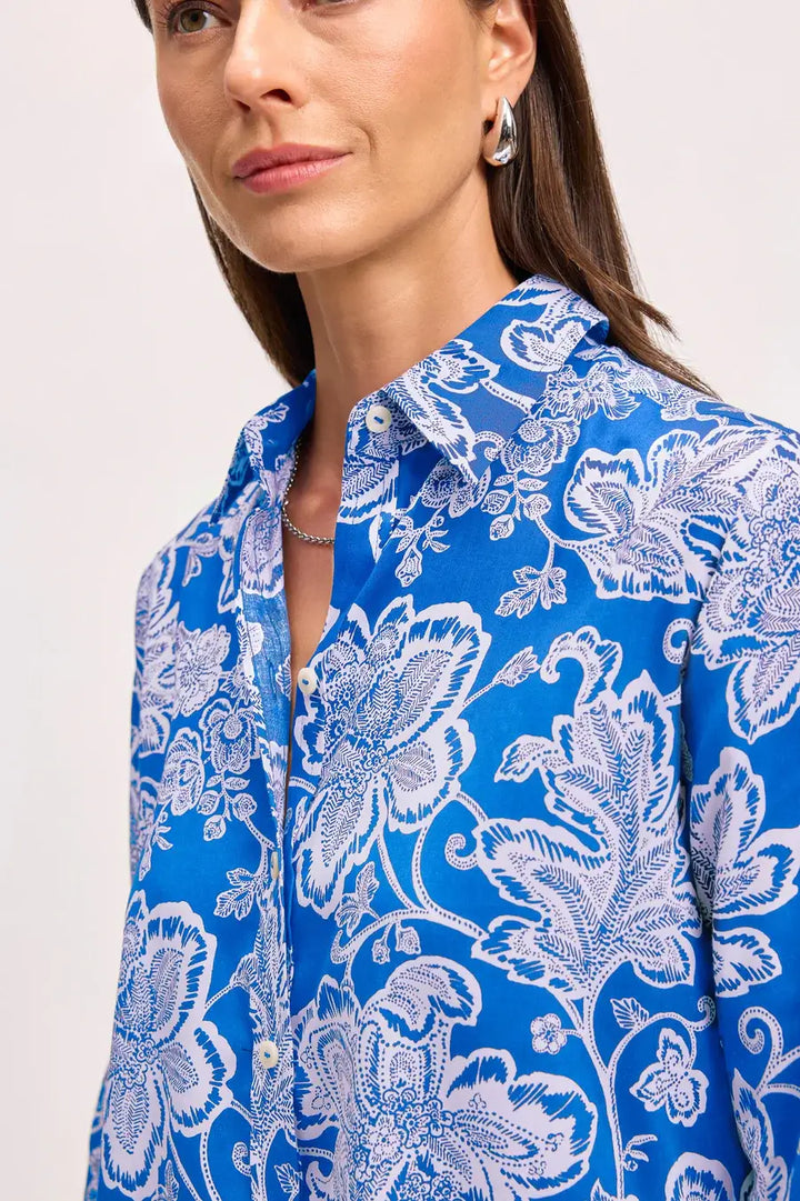 Foxcroft Megan Woodblock Floral Long Sleeve Shirt in Cobalt and White