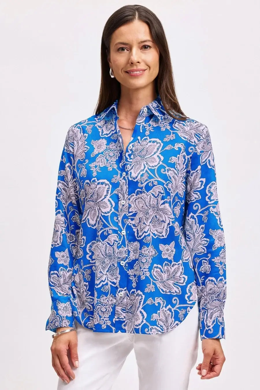 Foxcroft Megan Woodblock Floral Long Sleeve Shirt in Cobalt and White - Mildred Hoit