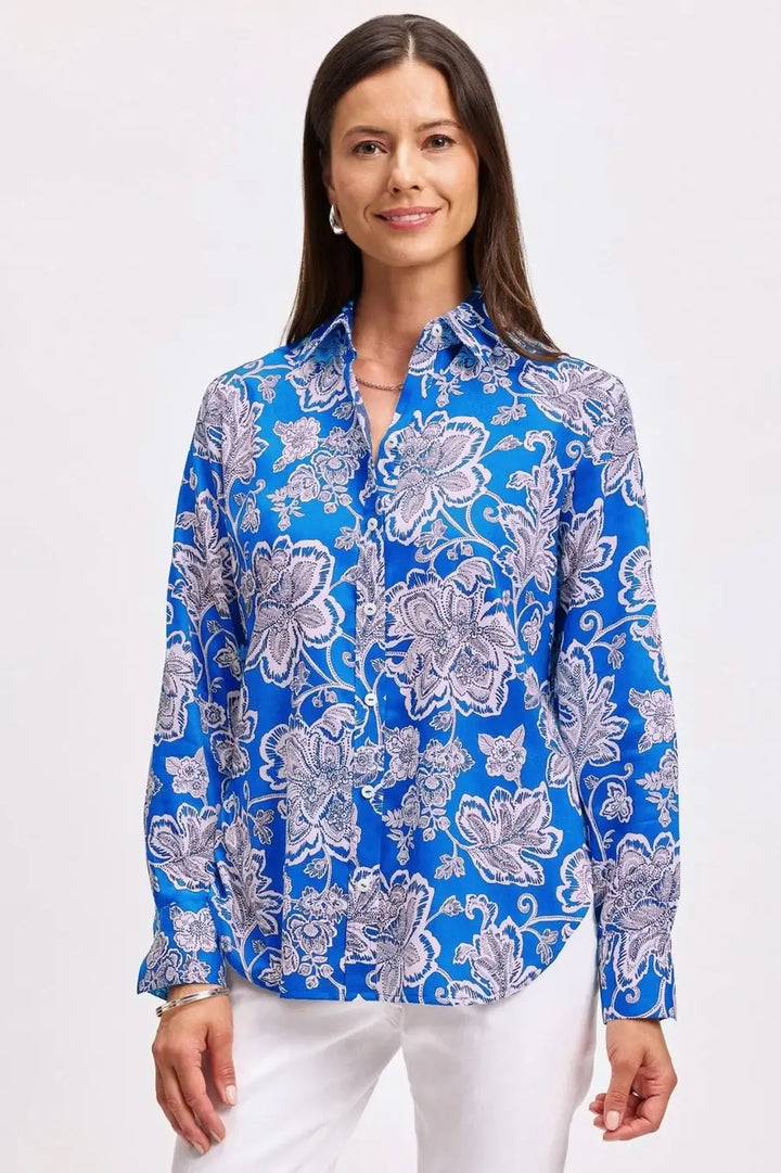 Foxcroft Megan Woodblock Floral Long Sleeve Shirt in Cobalt and White