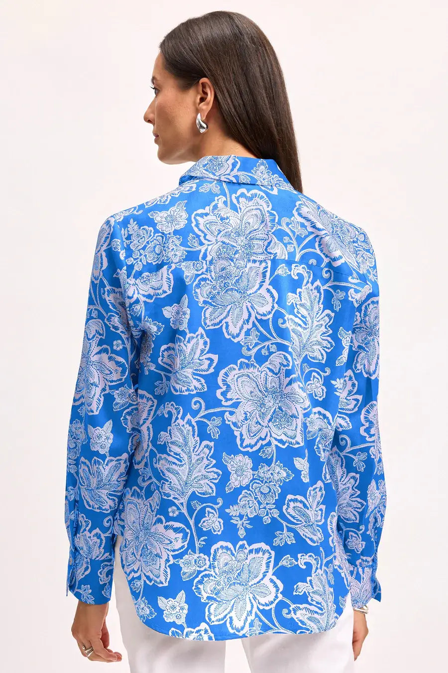 Foxcroft Megan Woodblock Floral Long Sleeve Shirt in Cobalt and White