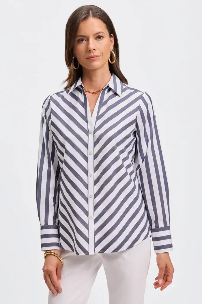 Foxcroft Mary Striped Shirt in Navy available at Mildred Hoit in Palm Beach.