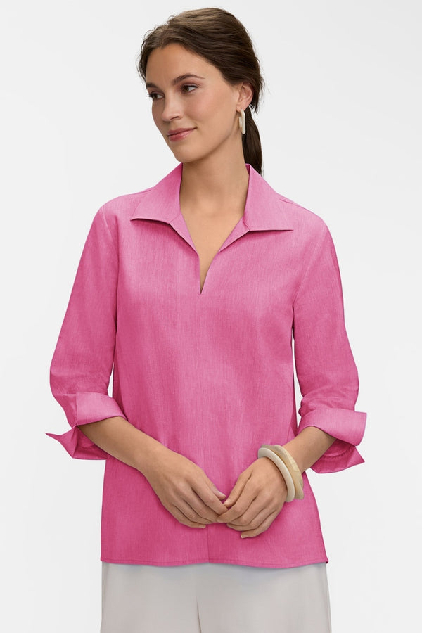 Foxcroft Agnes Solid Linen Blend 3/4 Sleeve Shirt in Cosmo Pink - Mildred Hoit