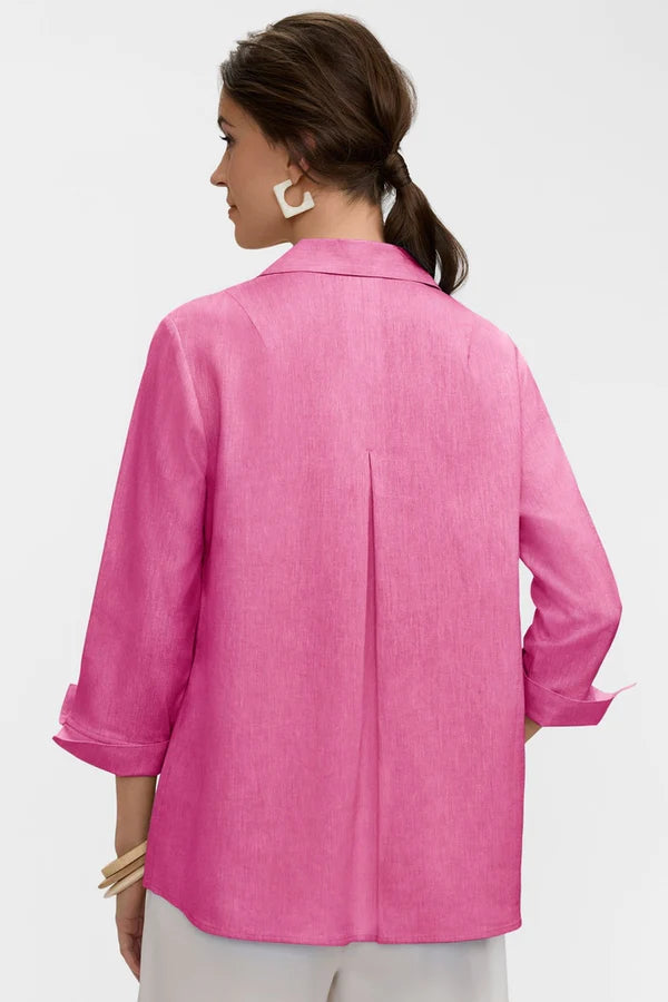Foxcroft Agnes Solid Linen Blend 3/4 Sleeve Shirt in Cosmo Pink - Mildred Hoit