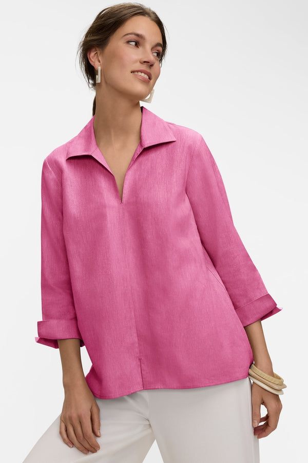 Foxcroft Agnes Solid Linen Blend 3/4 Sleeve Shirt in Cosmo Pink - Mildred Hoit