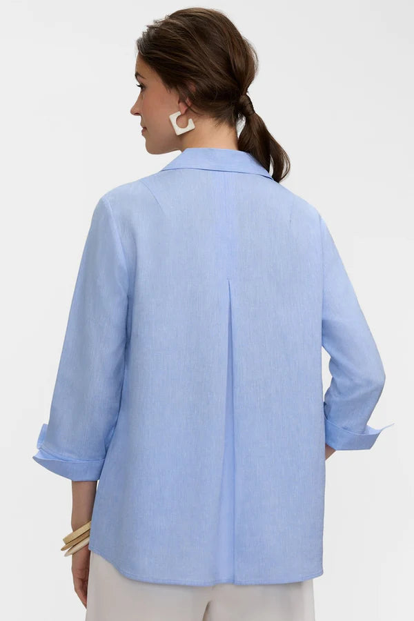 Foxcroft Agnes Solid Linen Blend 3/4 Sleeve Shirt in Powder Blue - Mildred Hoit