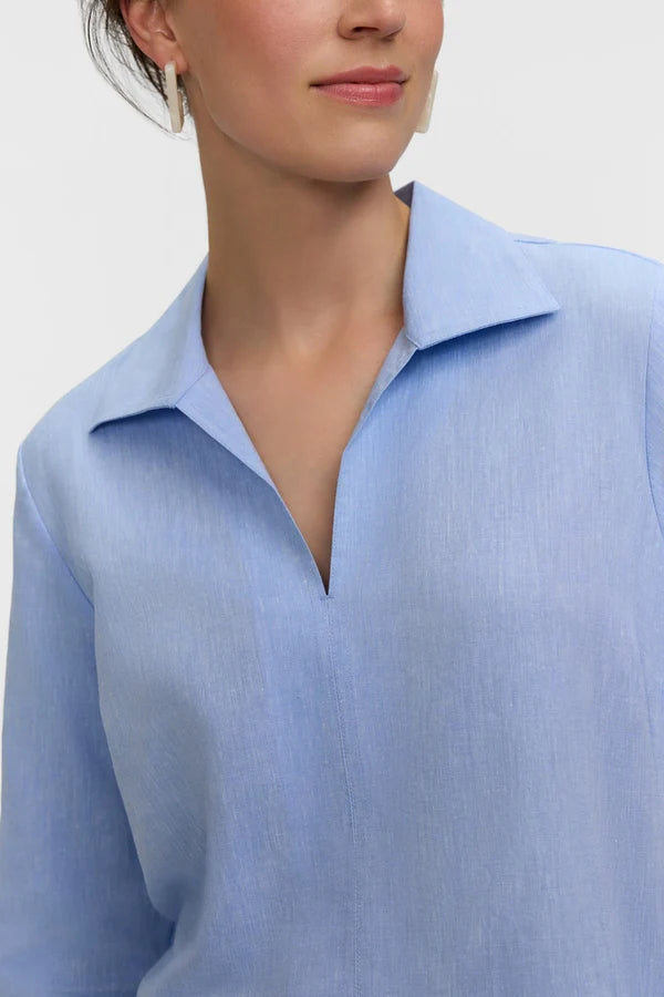 Foxcroft Agnes Solid Linen Blend 3/4 Sleeve Shirt in Powder Blue - Mildred Hoit