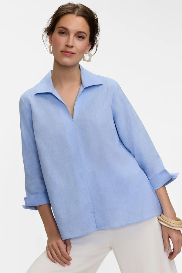 Foxcroft Agnes Solid Linen Blend 3/4 Sleeve Shirt in Powder Blue - Mildred Hoit