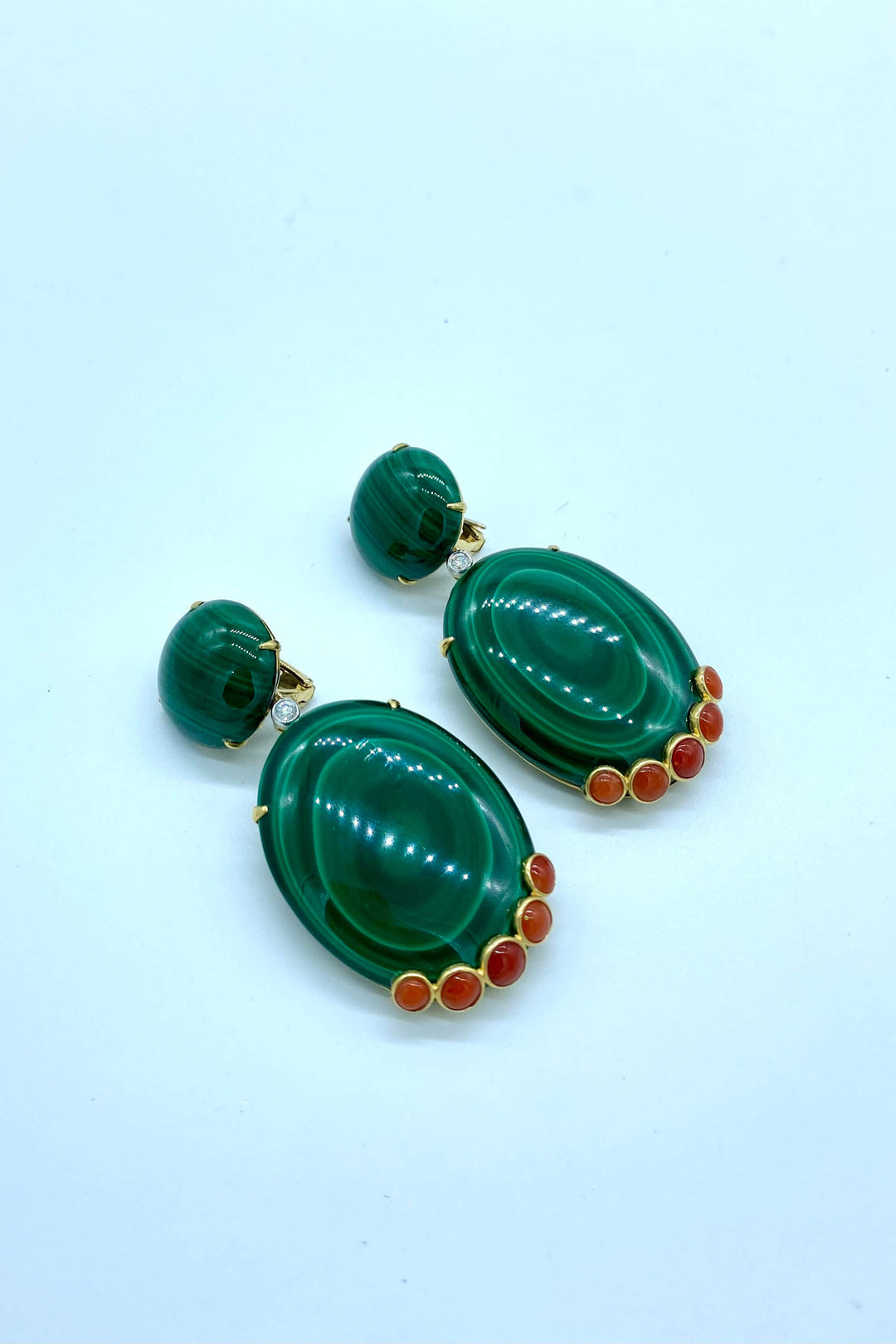 Malachite & Coral Drop Earrings available at Mildred Hoit in Palm Beach.