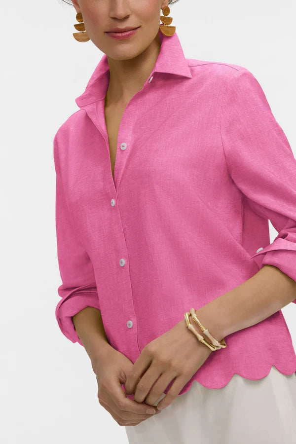 Foxcroft Scarlett Solid Linen Long Sleeve Shirt in Cosmo Pink - Mildred Hoit