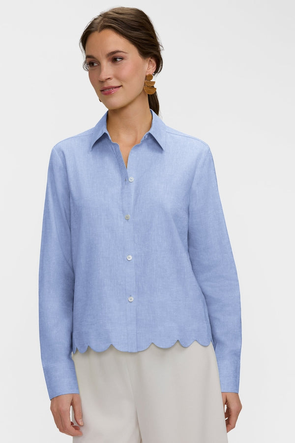 Foxcroft Scarlett Solid Linen Long Sleeve Shirt in Powder Blue - Mildred Hoit