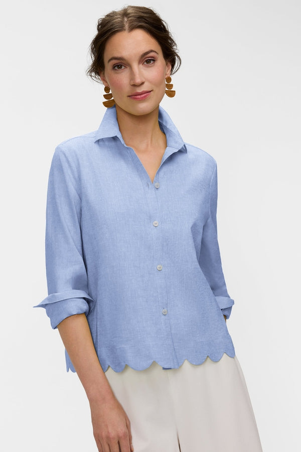 Foxcroft Scarlett Solid Linen Long Sleeve Shirt in Powder Blue - Mildred Hoit