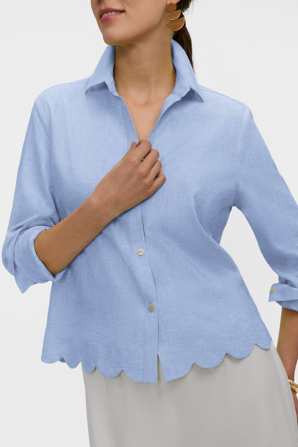 Foxcroft Scarlett Solid Linen Long Sleeve Shirt in Powder Blue - Mildred Hoit