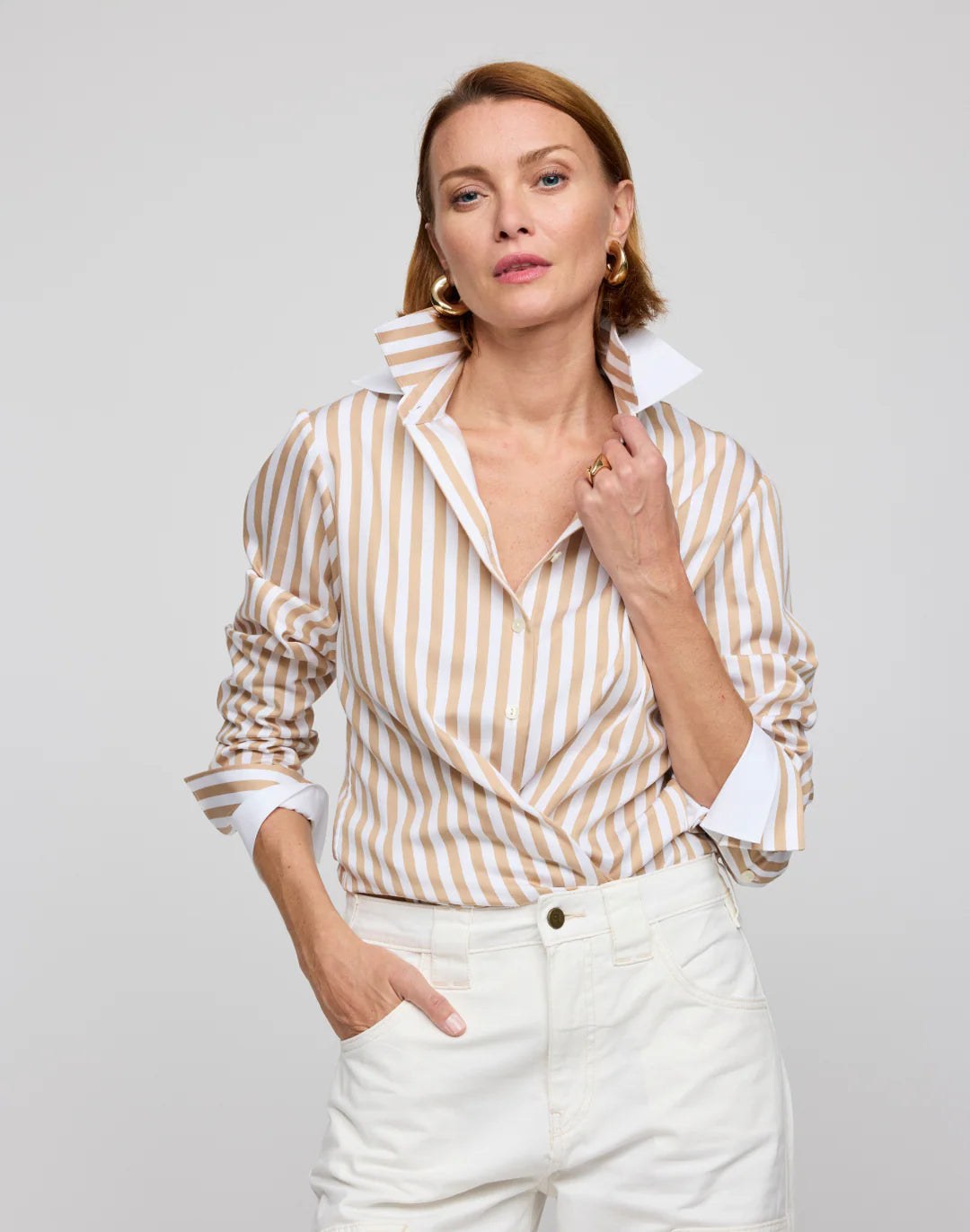Hinson Wu Margot Long Sleeve Stripe Shirt in Latte & White - Mildred Hoit
