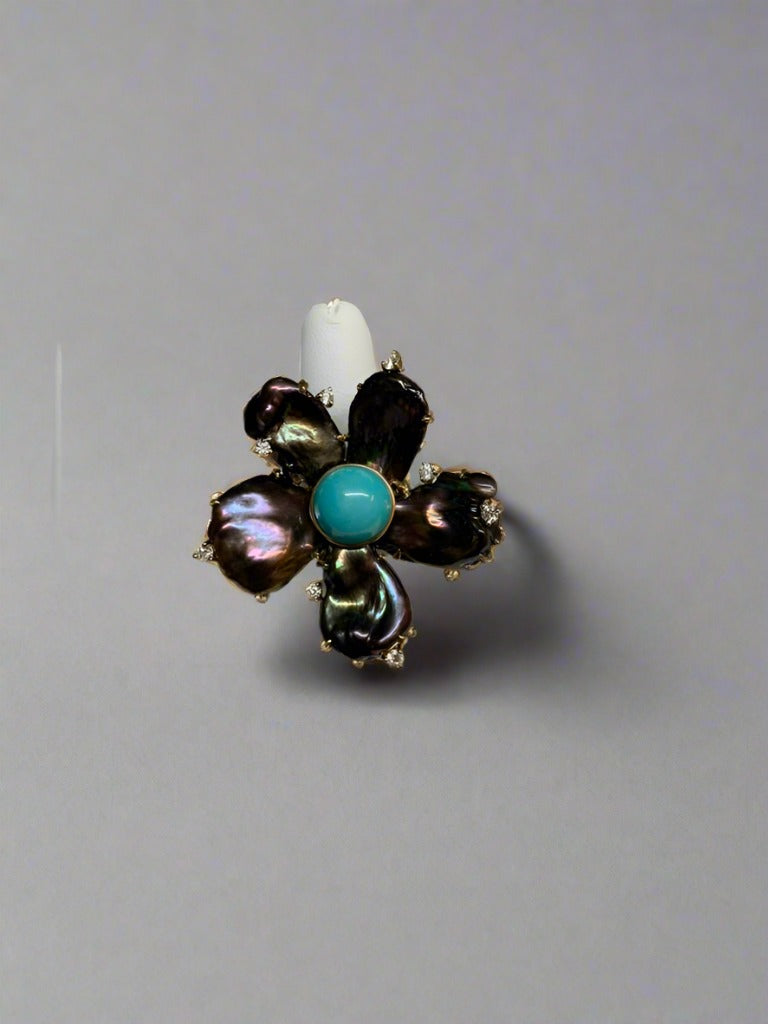 Turquoise, Black Pearl, and Diamond Ring - Mildred Hoit