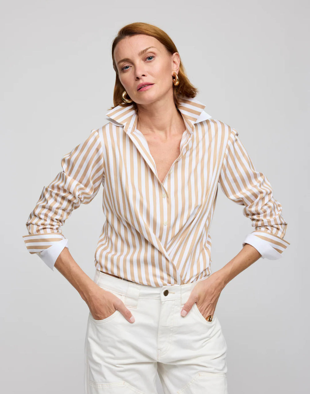 Hinson Wu Margot Long Sleeve Stripe Shirt in Latte & White - Mildred Hoit