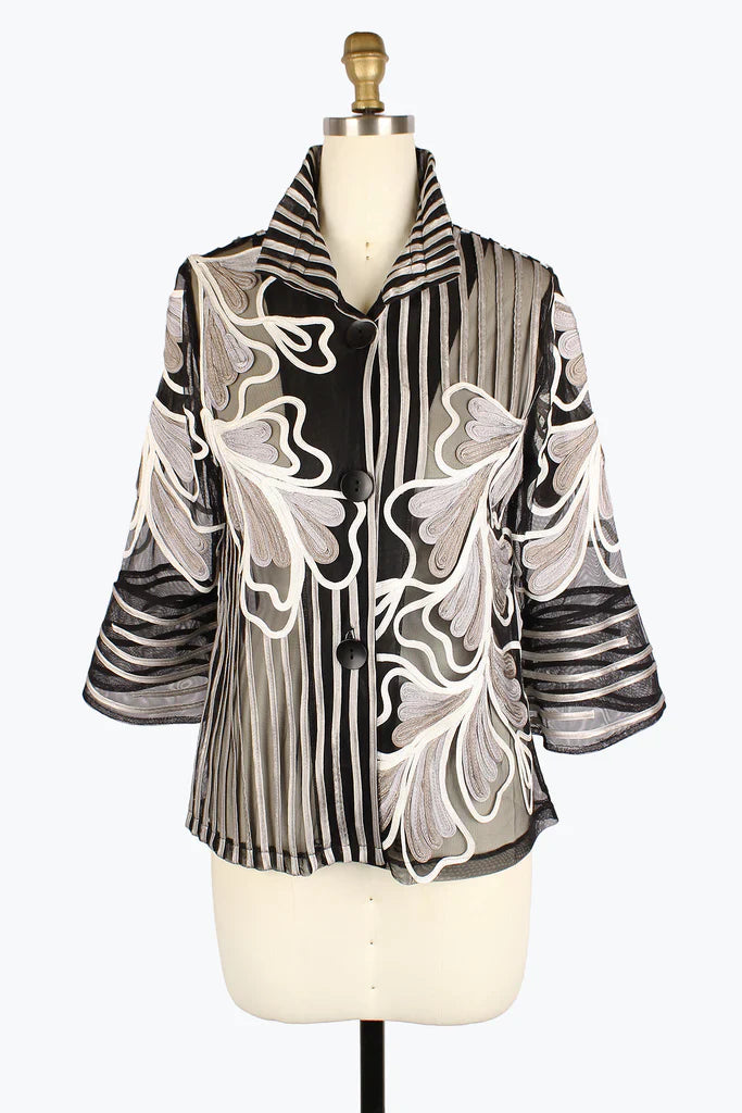 Sheer Floral Soutache Jacket in Silver and Sand - Mildred Hoit