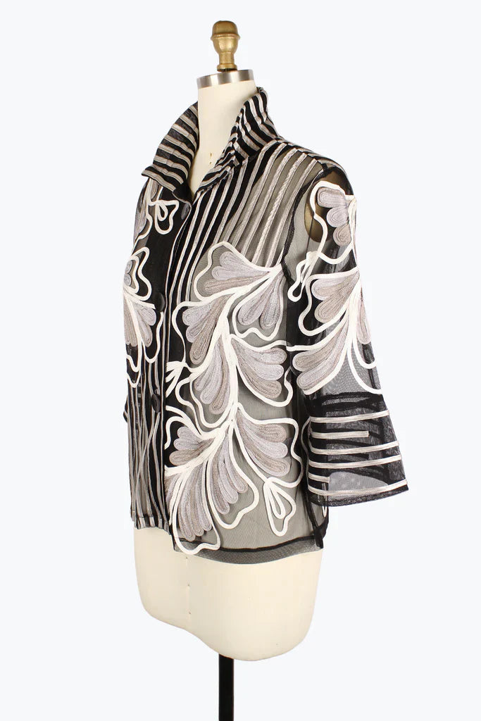 Sheer Floral Soutache Jacket in Silver and Sand - Mildred Hoit