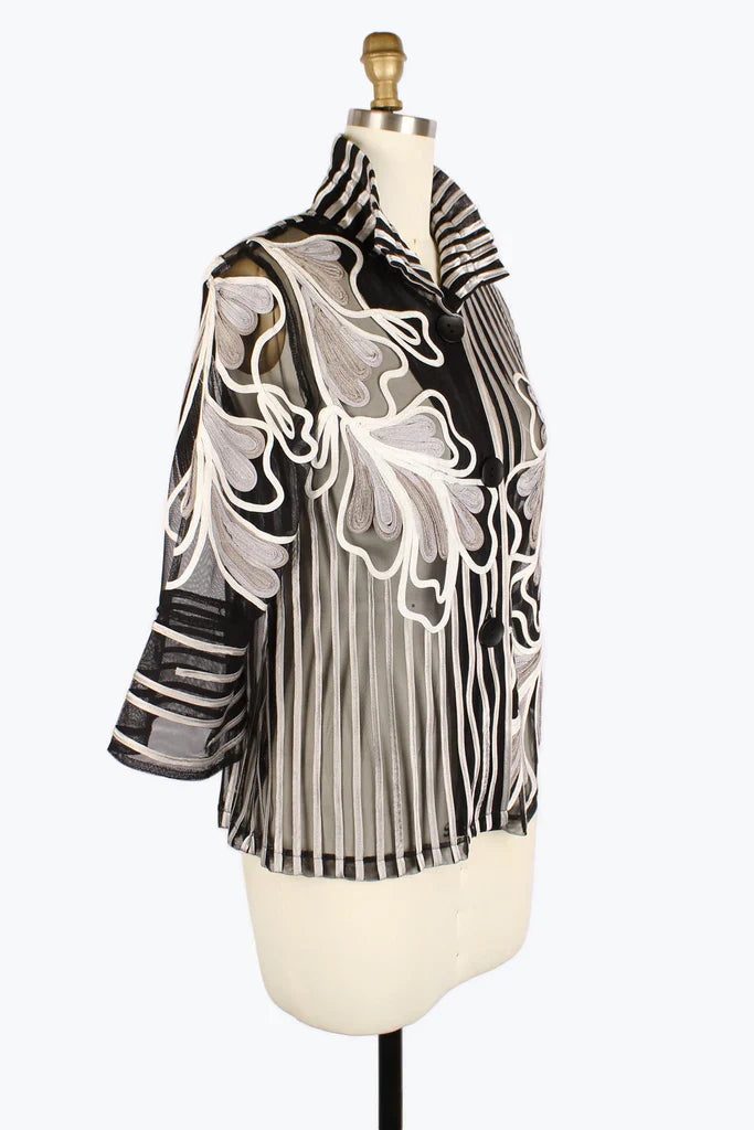 Sheer Floral Soutache Jacket in Silver and Sand - Mildred Hoit