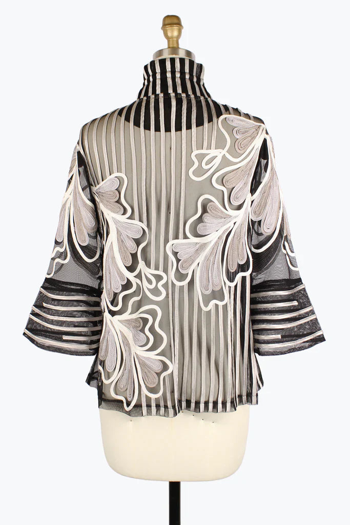 Sheer Floral Soutache Jacket in Silver and Sand - Mildred Hoit