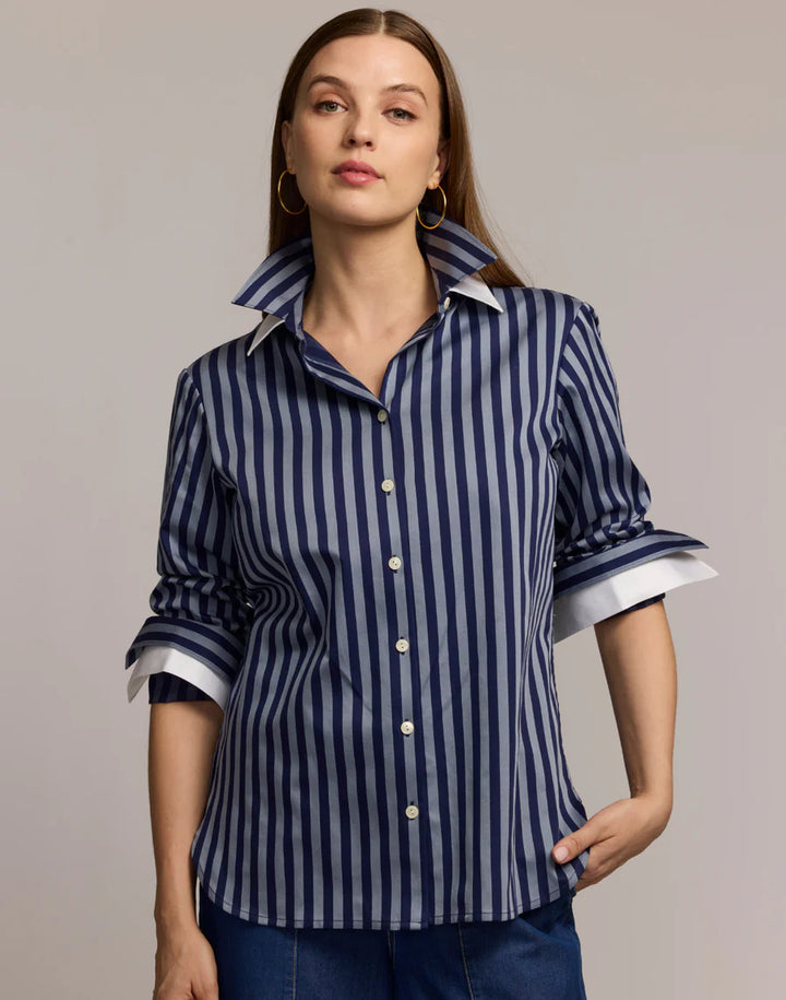 Margot Long Sleeve Stripe Shirt in French Grey & Midnight