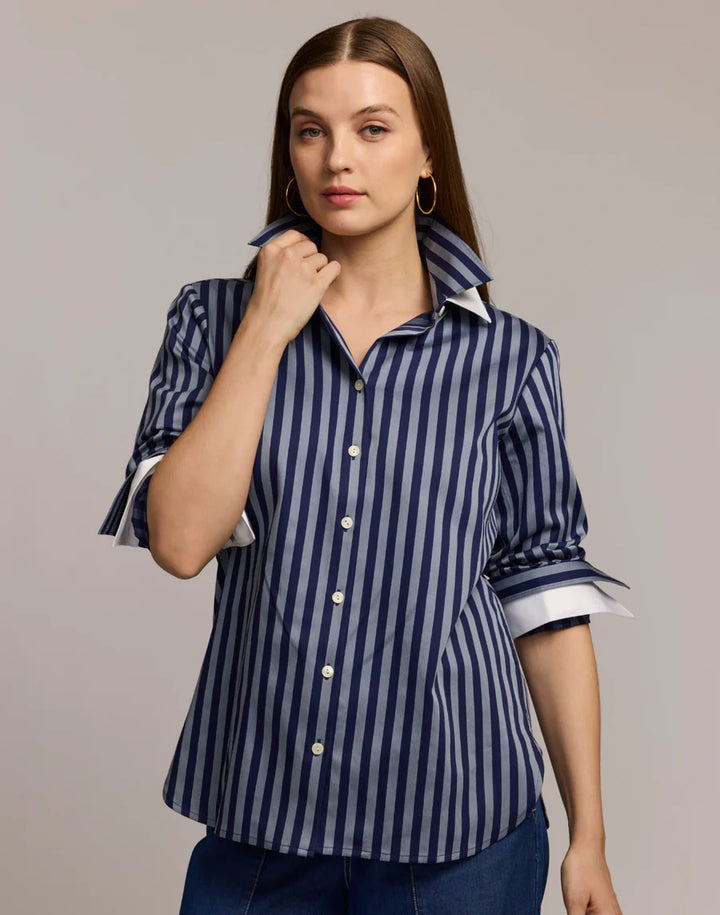 Margot Long Sleeve Stripe Shirt in French Grey & Midnight