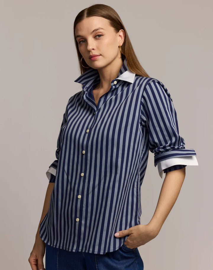 Margot Long Sleeve Stripe Shirt in French Grey & Midnight