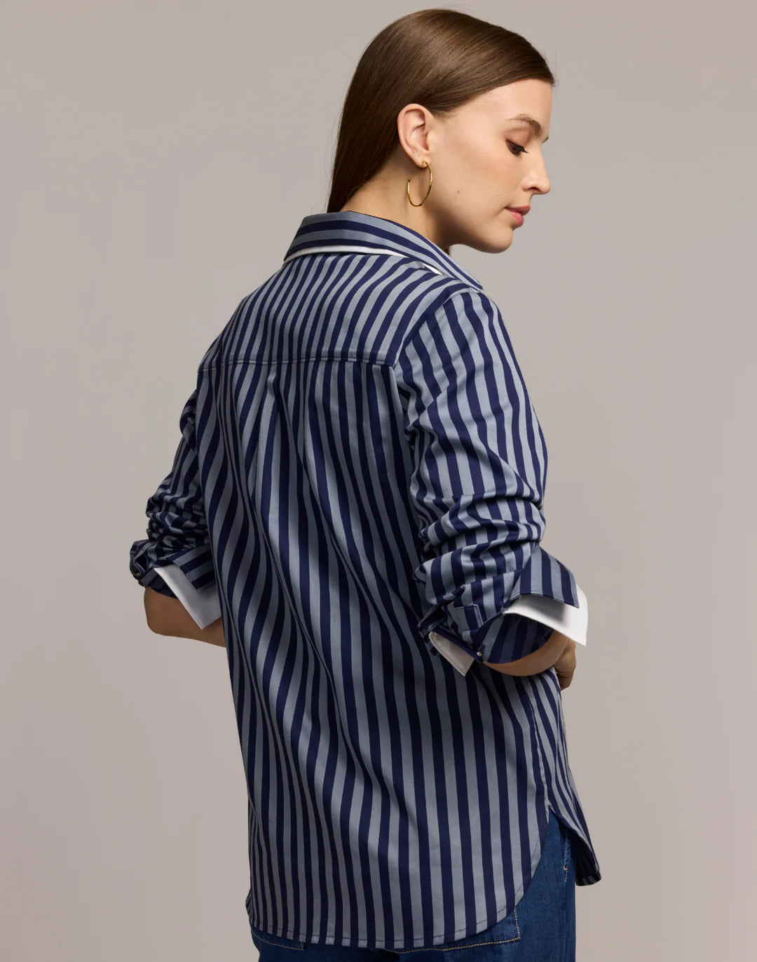 Margot Long Sleeve Stripe Shirt in French Grey & Midnight