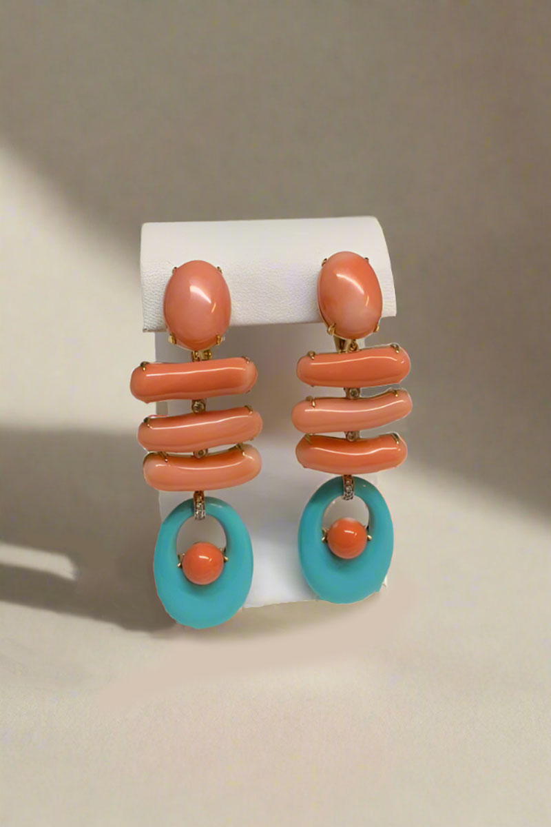 Reconstituted Turquoise, Coral, and Diamond Earring - Mildred Hoit