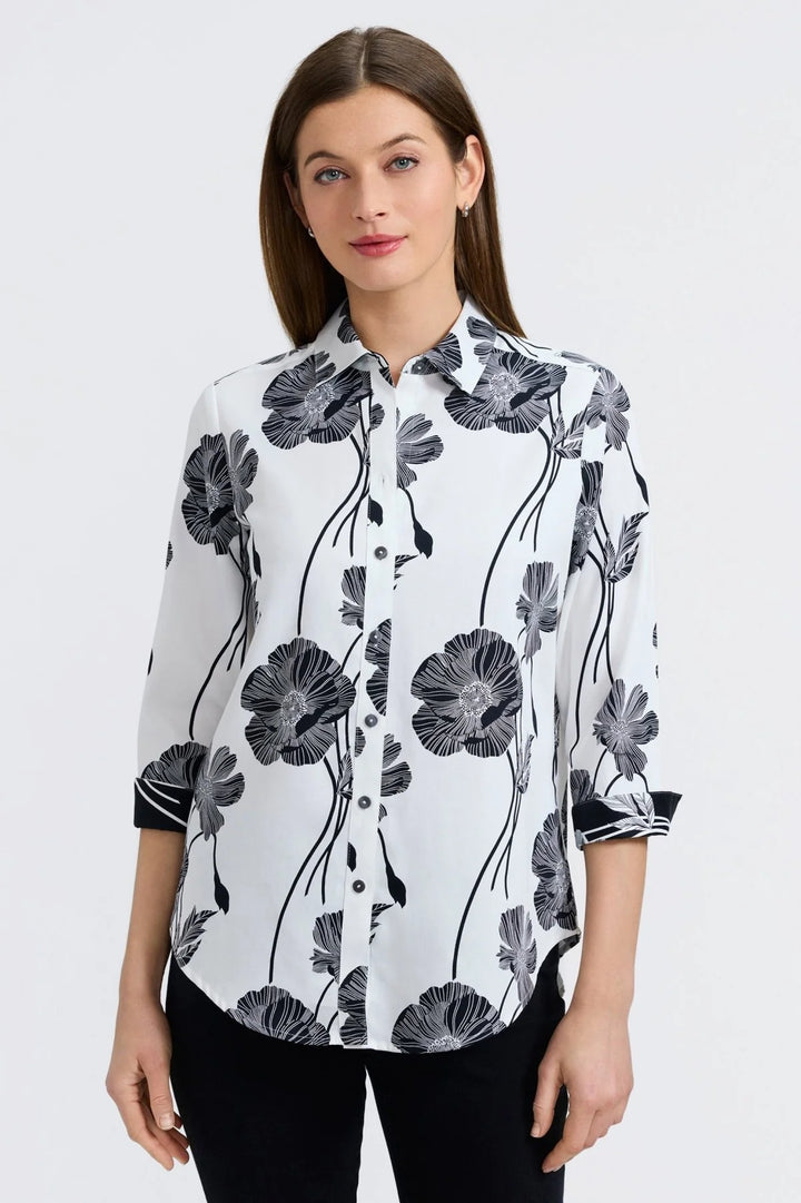 Foxcroft Margie Shirt in White & Black Poppy Print - Mildred Hoit