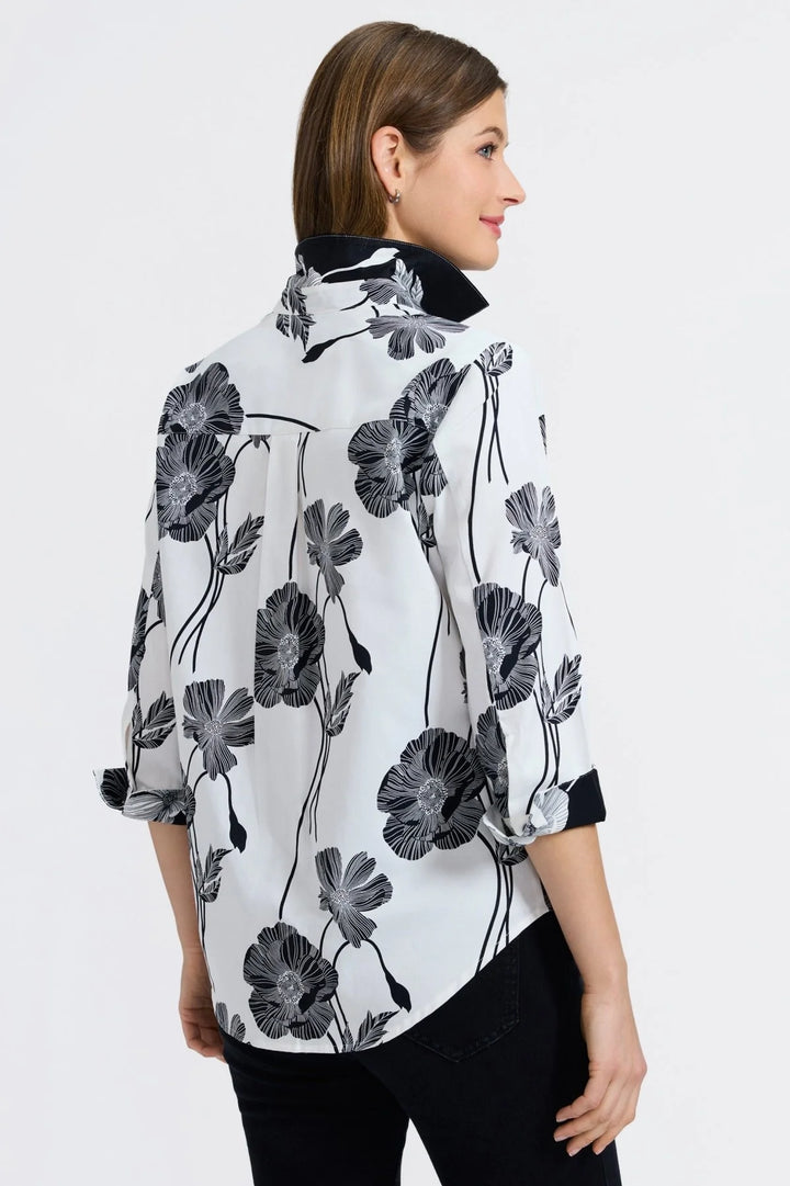 Foxcroft Margie Shirt in White & Black Poppy Print - Mildred Hoit