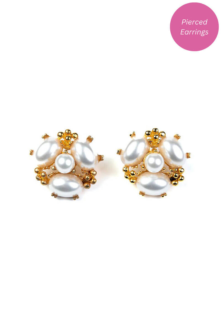 Kenneth Jay Lane Gold and Pearl Cabochon Cluster Post Earring - Mildred Hoit