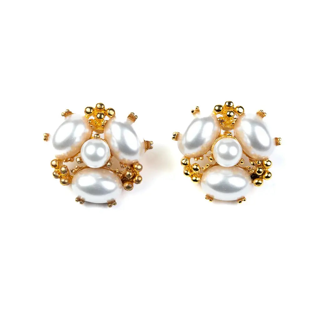 Kenneth Jay Lane Gold and Pearl Cabochon Cluster Post Earring - Mildred Hoit