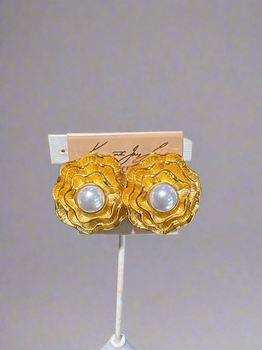 Kenneth Jay Lane Gold Flower Clip On Earring with Pearl Center - Mildred Hoit