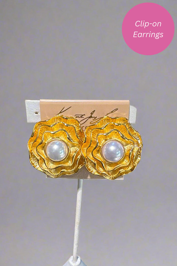 Kenneth Jay Lane Gold Flower Clip On Earring with Pearl Center