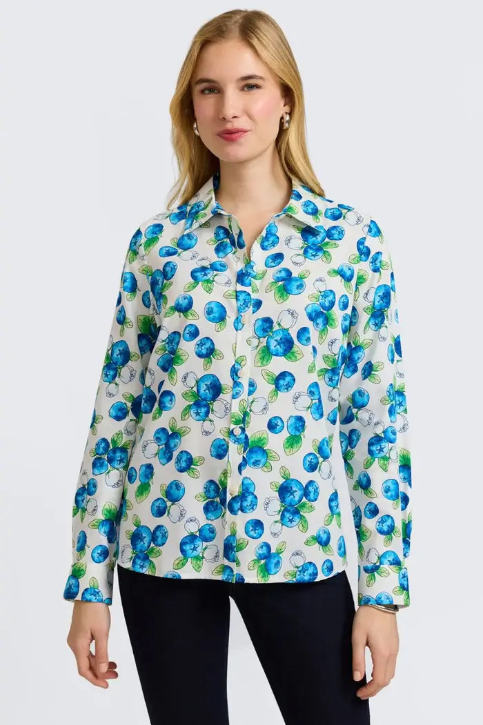 Model wearing Foxcroft Hampton Watercolor Blueberries Long Sleeve Shirt.