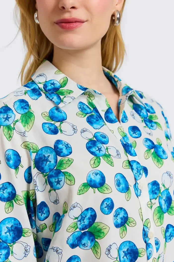 Collar Detail of Foxcroft Hampton Watercolor Blueberries Long Sleeve Shirt.