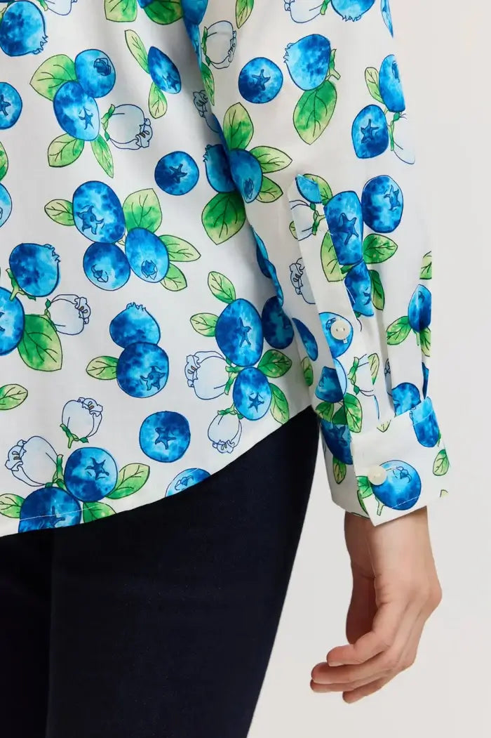 Sleeve Detail of Foxcroft Hampton Watercolor Blueberries Long Sleeve Shirt.