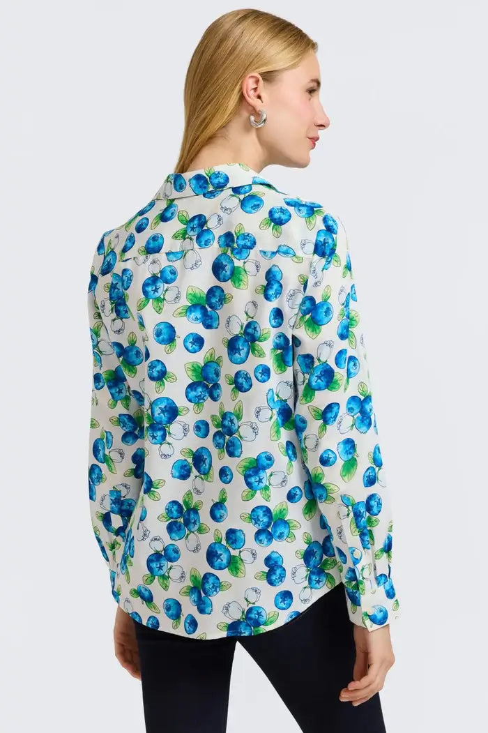 Back Detail of Foxcroft Hampton Watercolor Blueberries Long Sleeve Shirt.