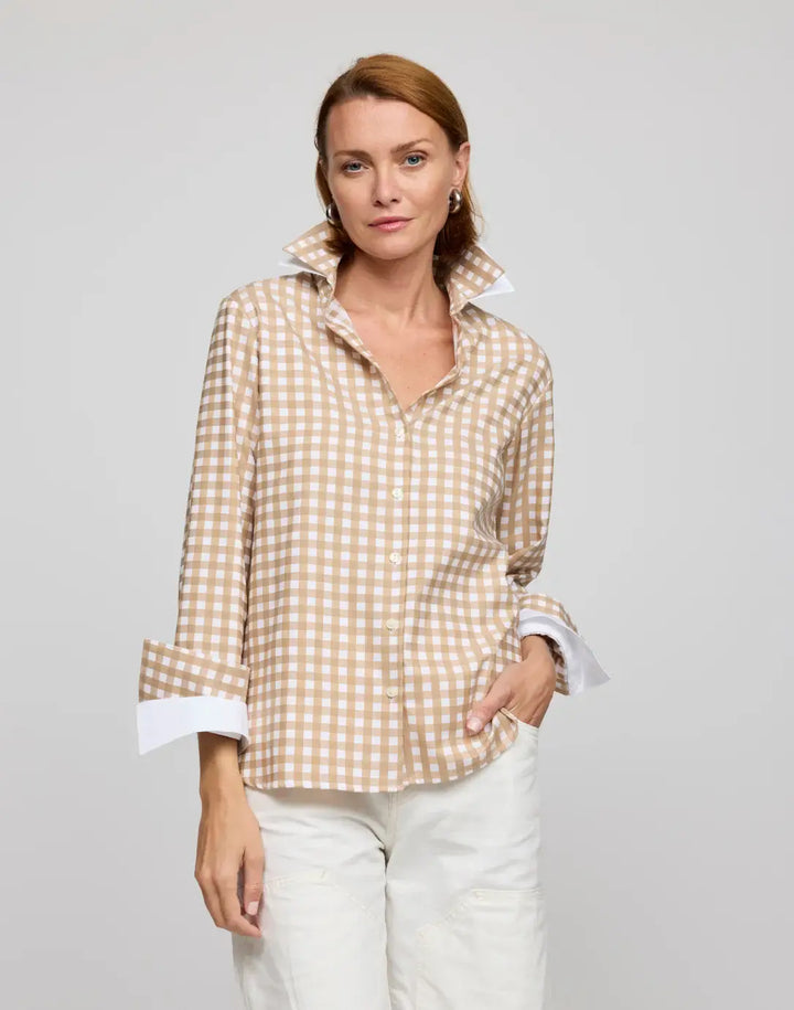 Hinson Wu Margot Gingham Top in Latte and White