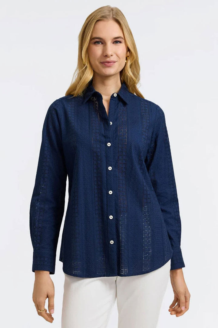 Foxcroft Zoey Cotton Eyelet Long Sleeve Shirt in Navy