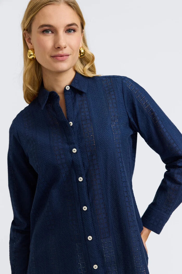 Foxcroft Zoey Cotton Eyelet Long Sleeve Shirt in Navy