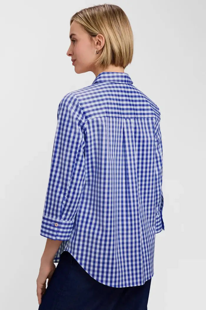 Foxcroft Margie Gingham Stretch Matte Sateen Shirt in Deep Sea - Mildred Hoit