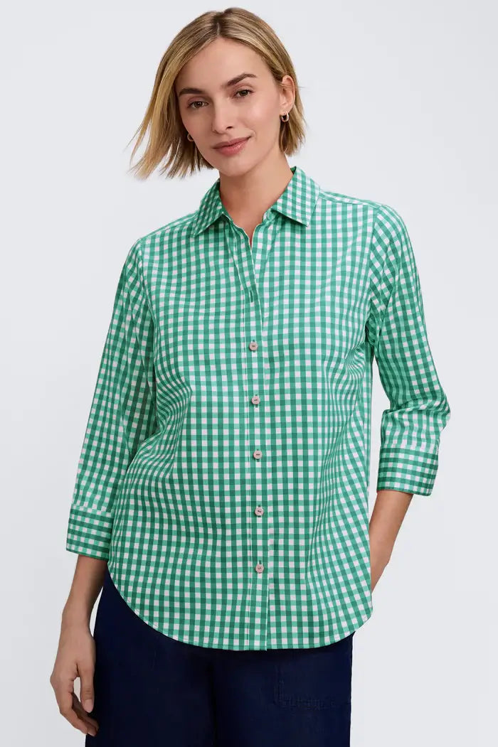 Foxcroft Margie Gingham Stretch Matte Sateen Shirt in Kelly Green - Mildred Hoit