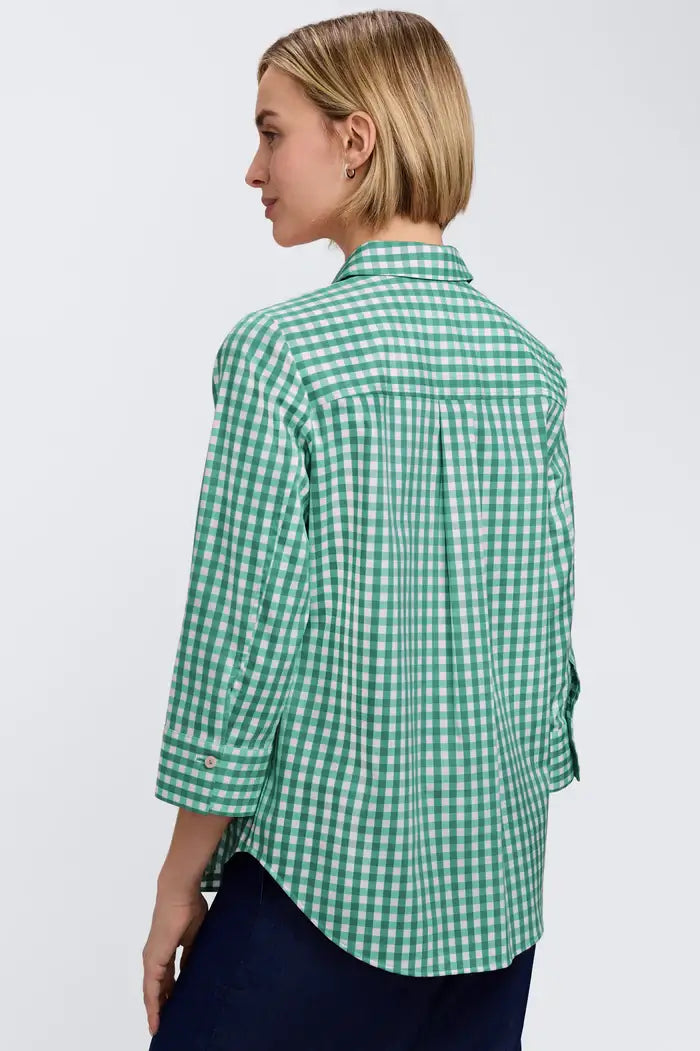 Foxcroft Margie Gingham Stretch Matte Sateen Shirt in Kelly Green - Mildred Hoit
