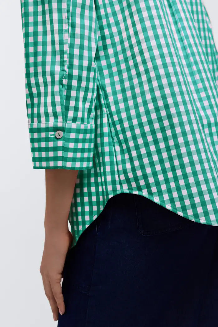 Foxcroft Margie Gingham Stretch Matte Sateen Shirt in Kelly Green - Mildred Hoit